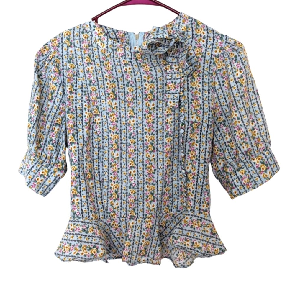 Fanco Light Blue Floral side tie cropped peplum blouse, size S